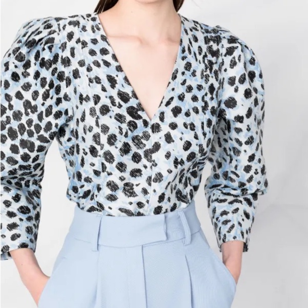 GANNI Blue leopard puff sleeve jacquard top- 34, small
